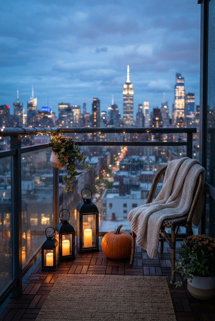 Black lanterns glowing on an apartment balcony at night