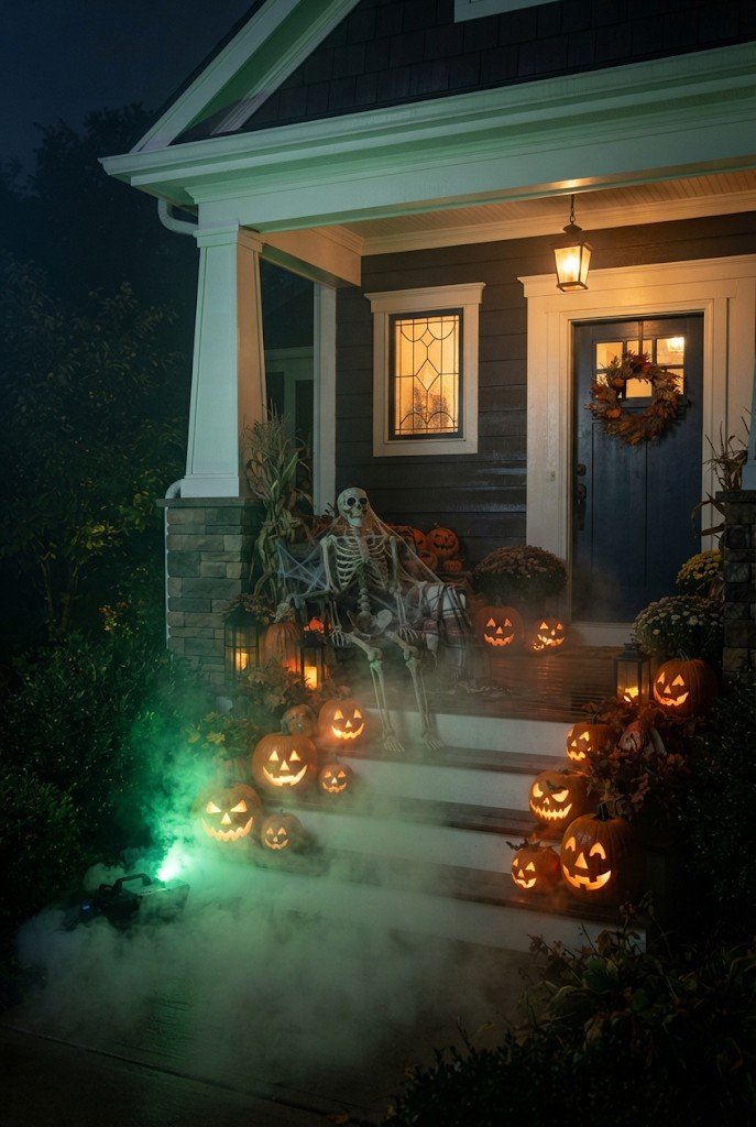 Fog with green light on a front porch at night