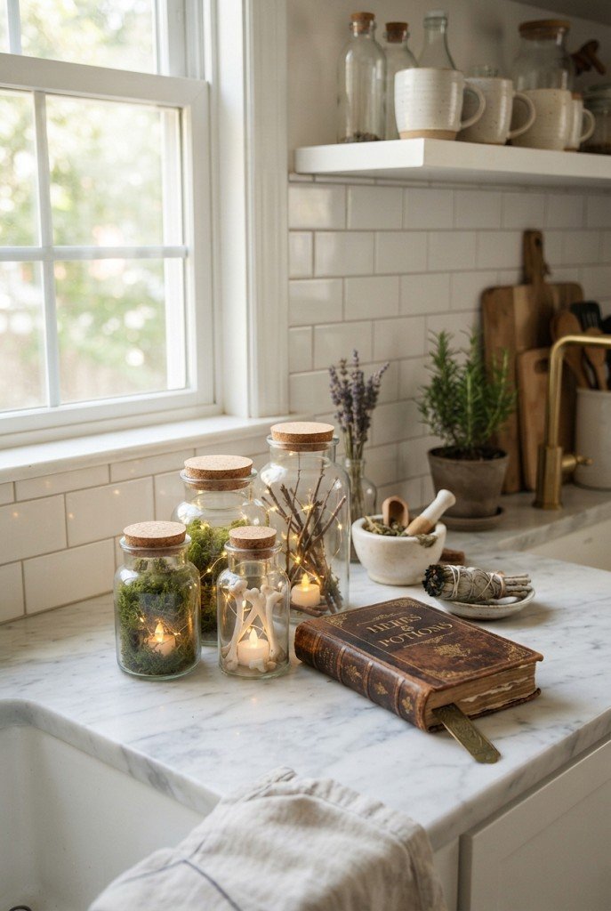 Apothecary jars with LED candles, moss and bones on a table