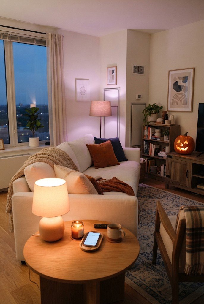Living room with smart bulbs in orange and purple Halloween scene