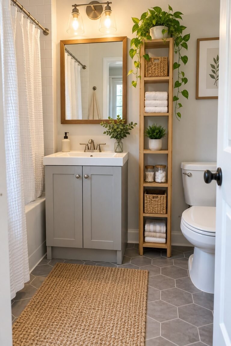 Slim freestanding storage tower beside a small bathroom vanity