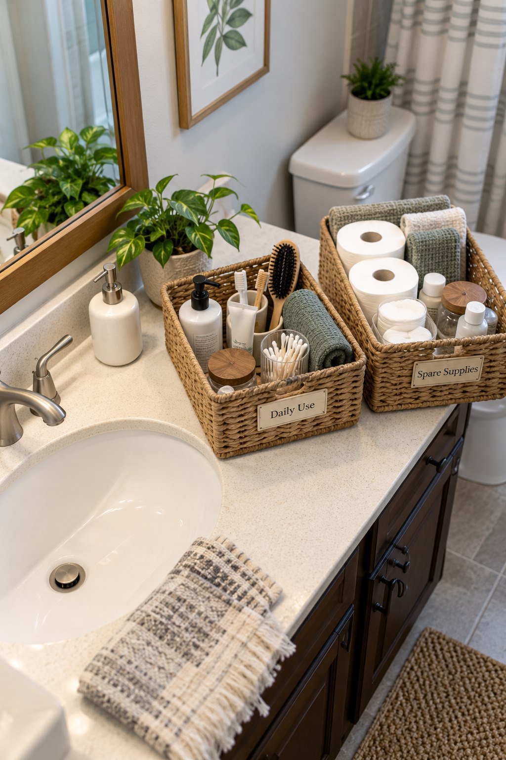 Daily toiletries and spare supplies sorted into separate baskets