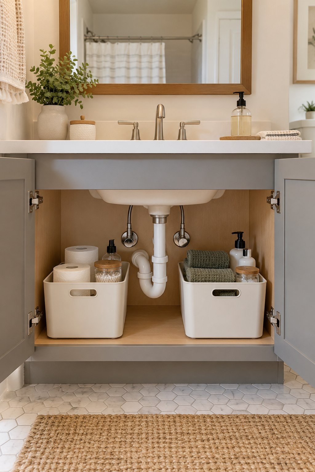 Under-sink bins arranged around an accessible drain trap