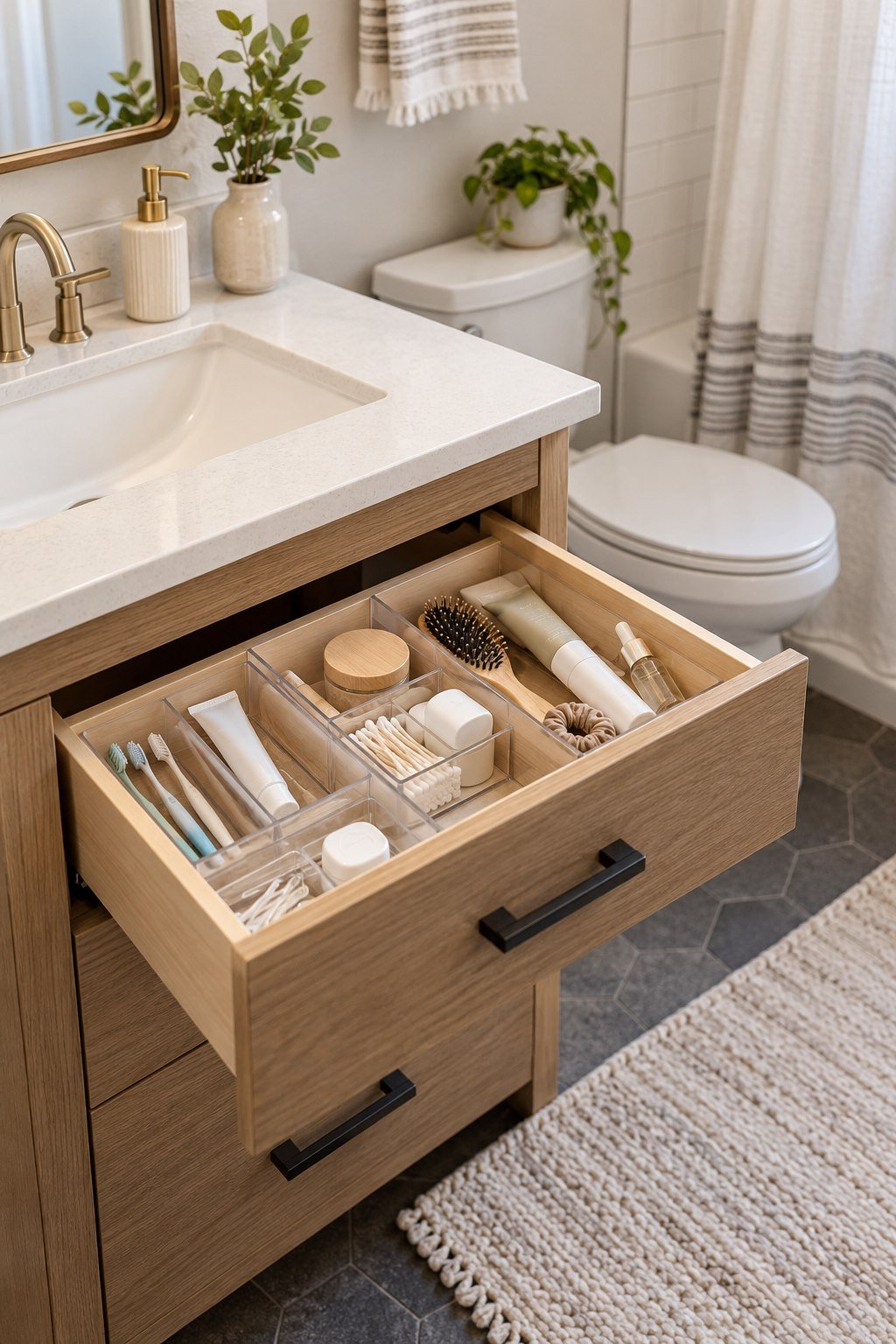 Shallow drawer dividers organizing small grooming supplies