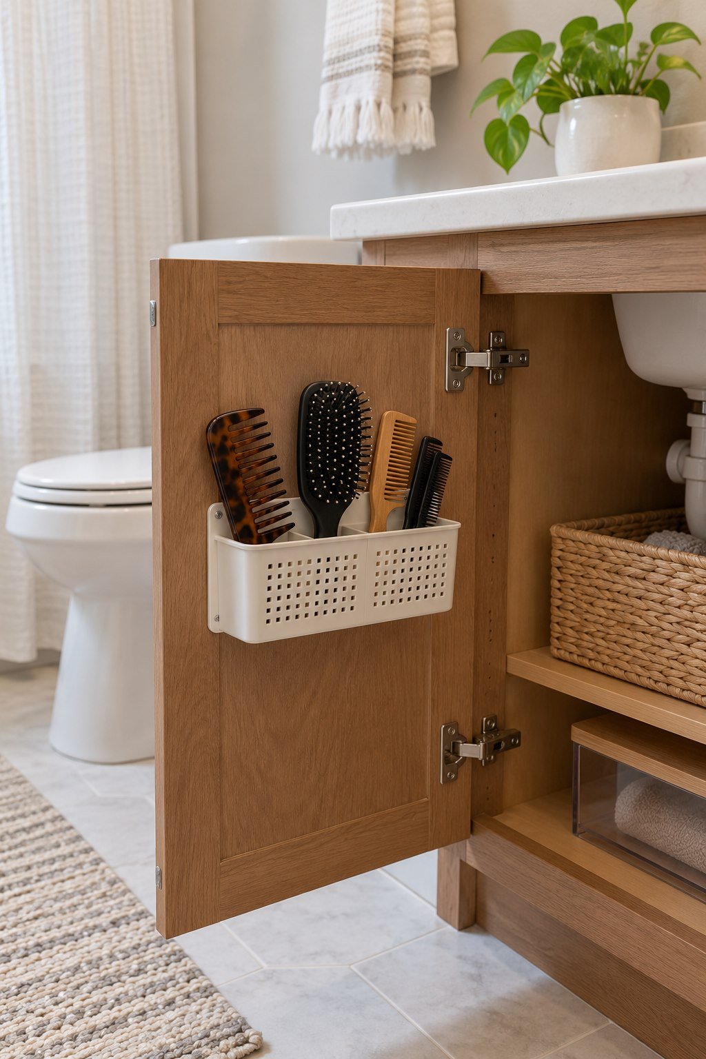 Lightweight comb organizer inside a bathroom cabinet door