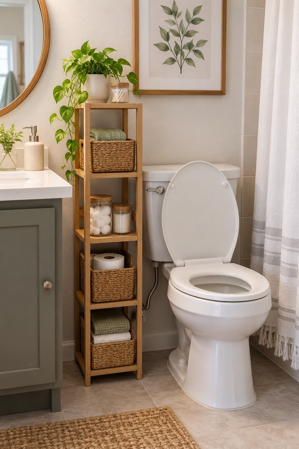 Narrow shelf beside a toilet with space to open the lid