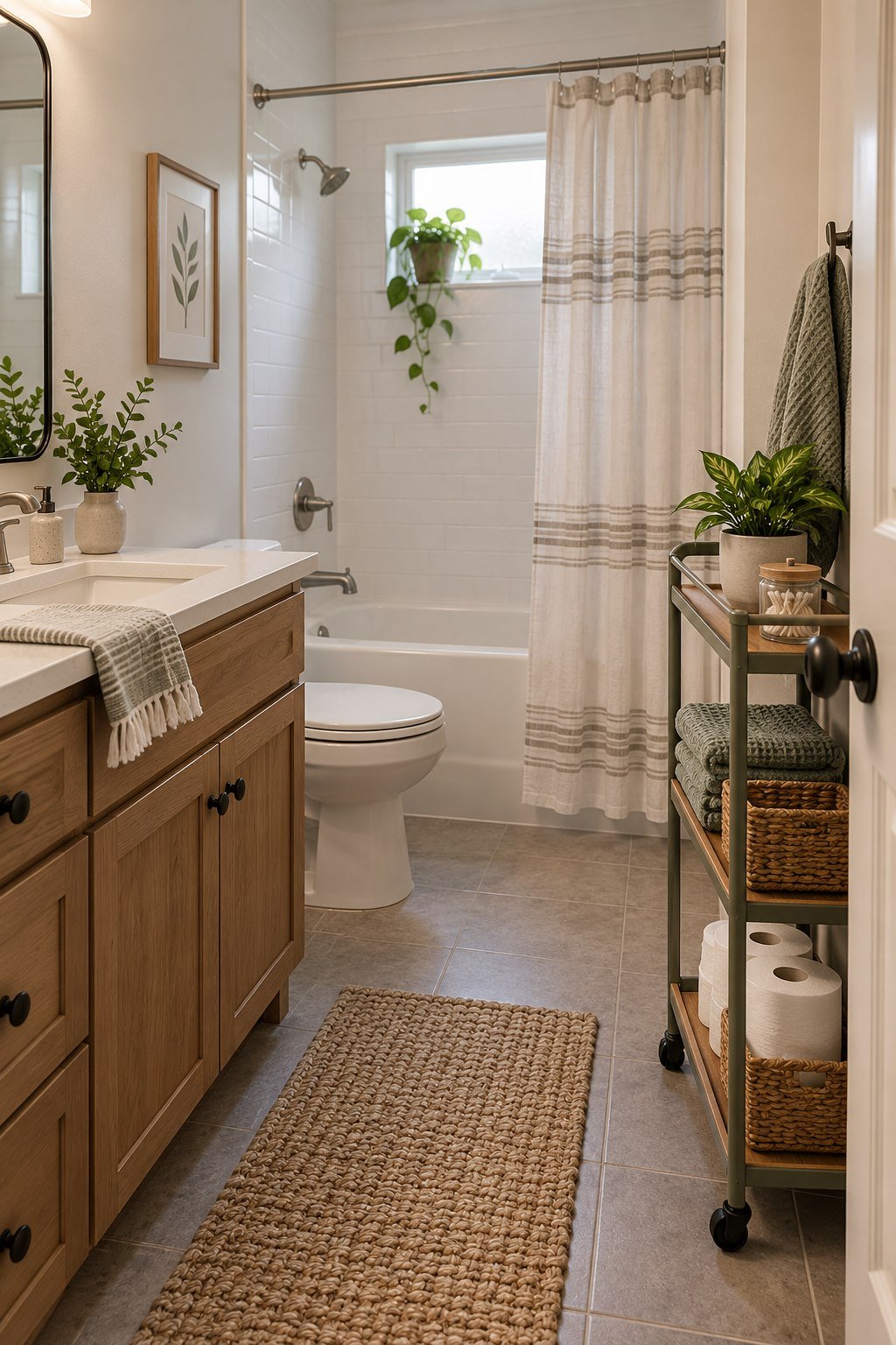 Slim storage cart in a dry bathroom recess