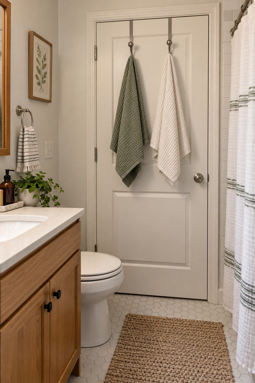 Over-door towel hooks in a small apartment bathroom