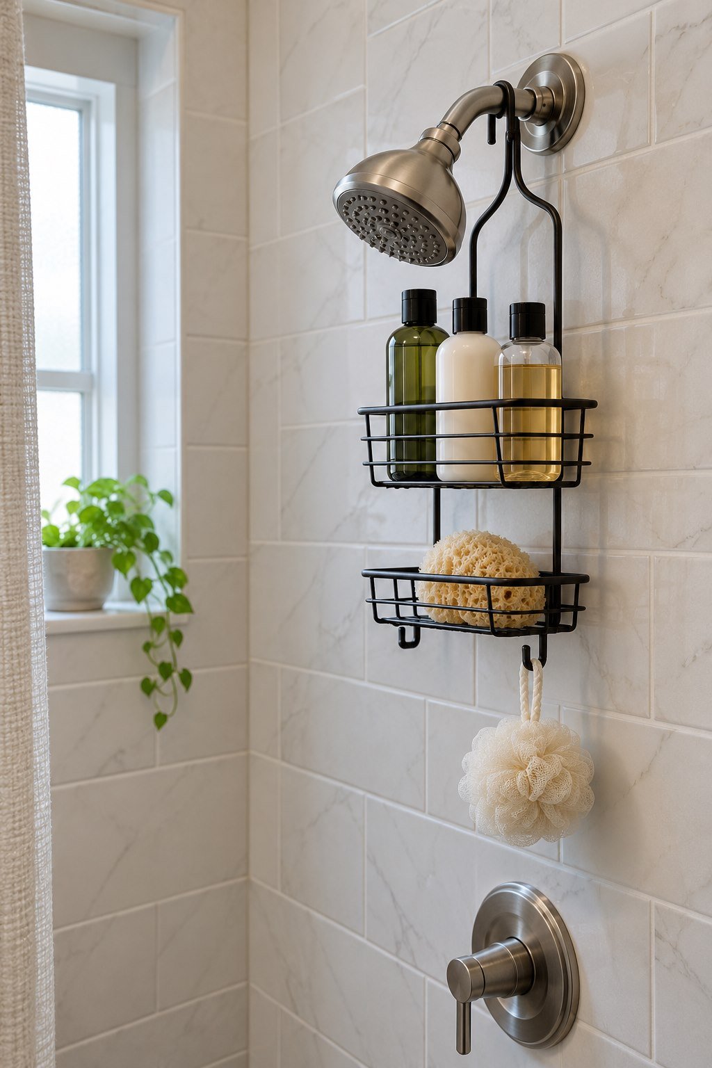 Hanging shower caddy holding a few daily bottles