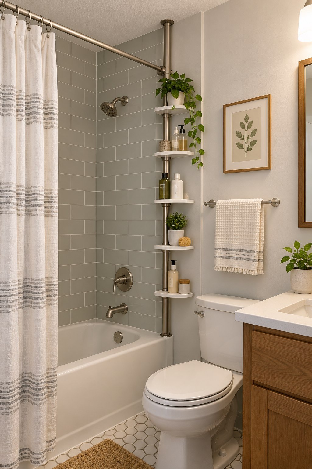 Tension pole shelves in a compact bathtub shower