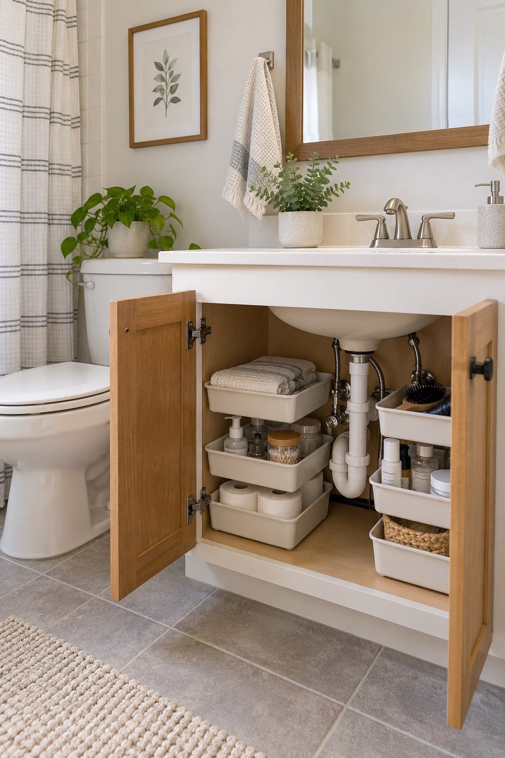 Shallow stackable bins inside a bathroom vanity