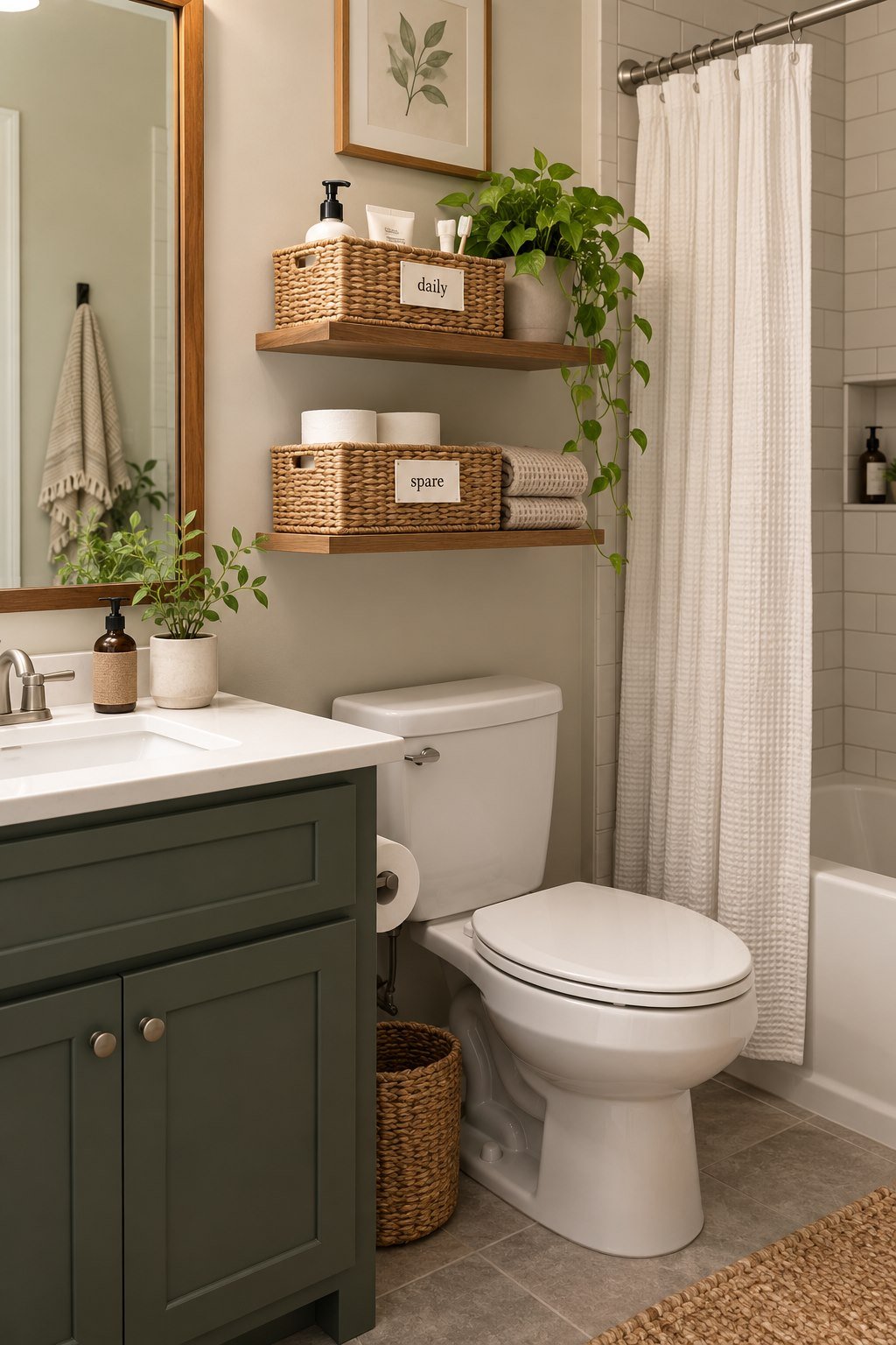 Daily and spare toiletry baskets on a small shelf
