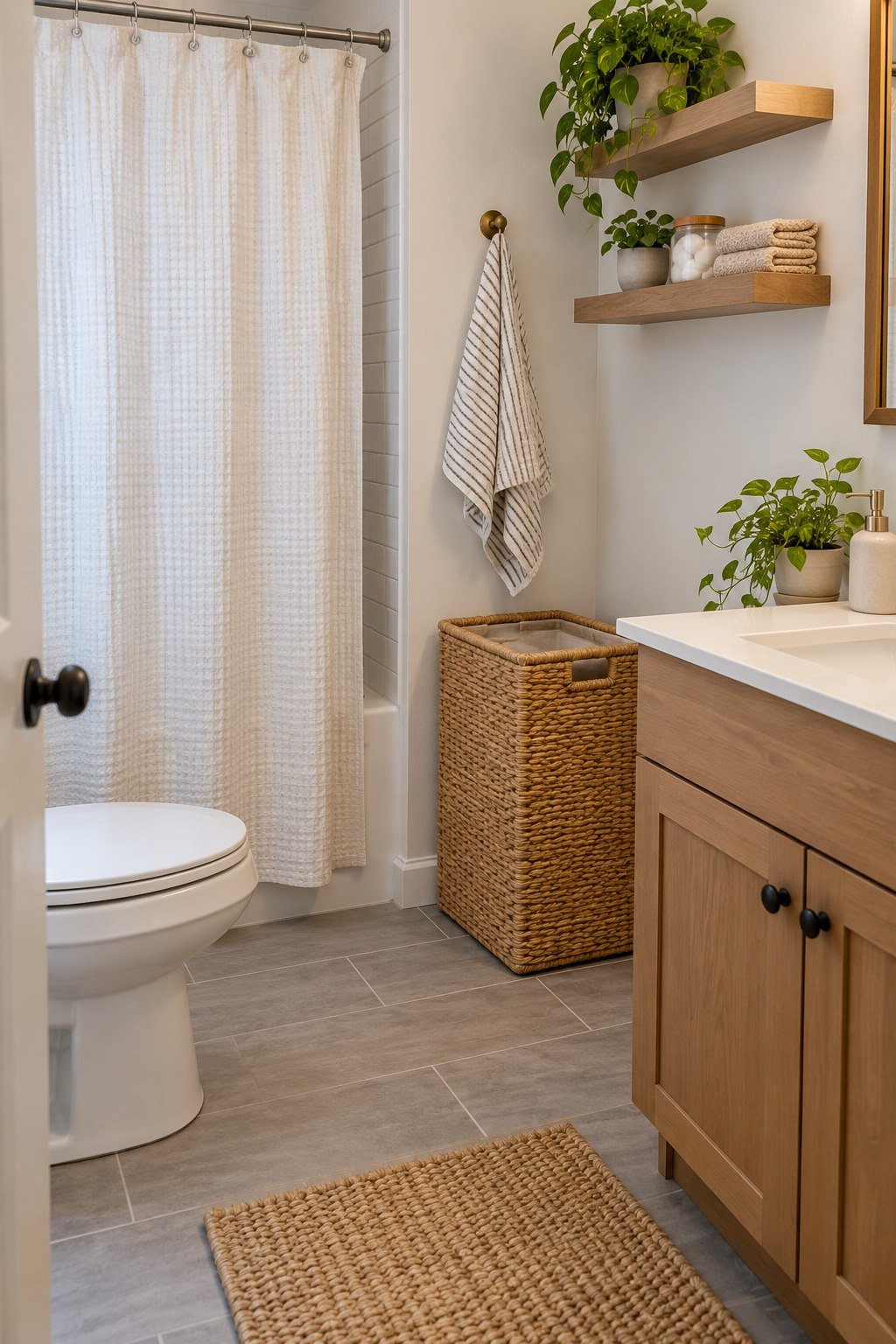 Compact ventilated laundry hamper in a dry bathroom corner