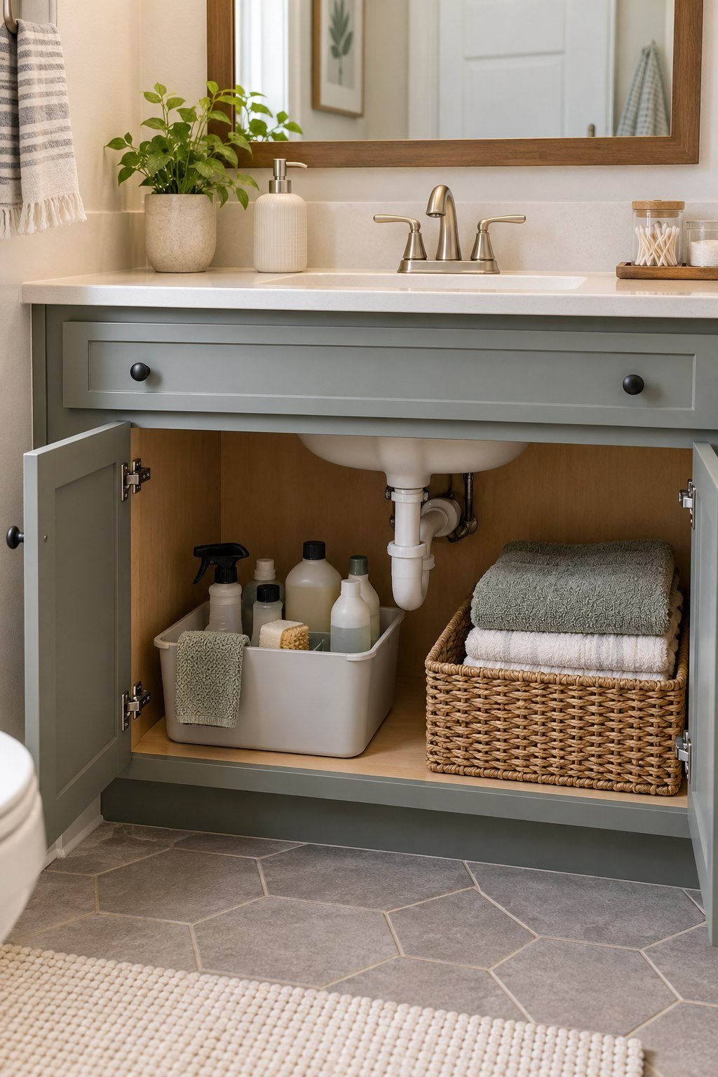 Cleaning caddy stored separately inside an under-sink cabinet
