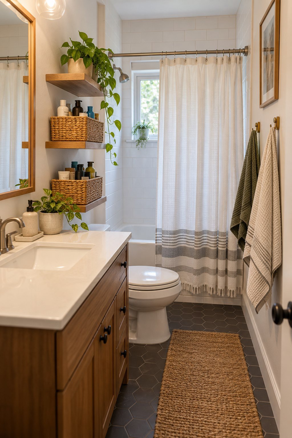 Separate toiletry baskets and towel hooks for two people