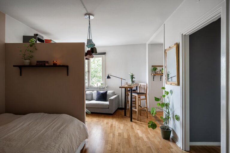 Small studio apartment zoned into sleeping, living and dining areas
