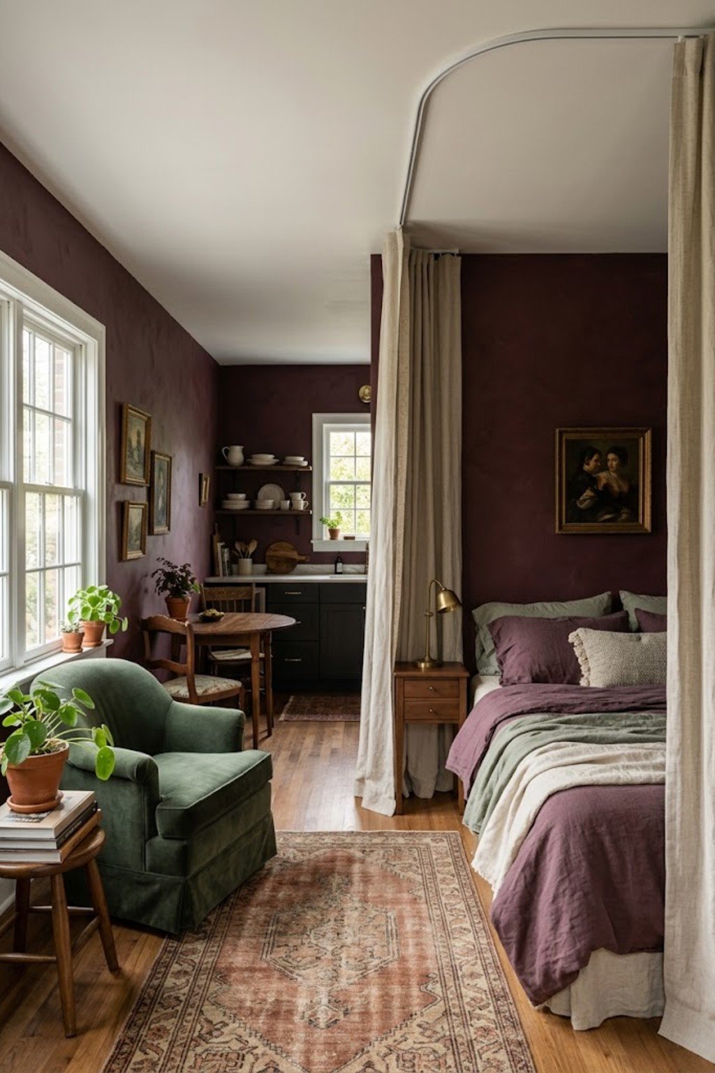 Hang a ceiling curtain around the bed in a small studio apartment