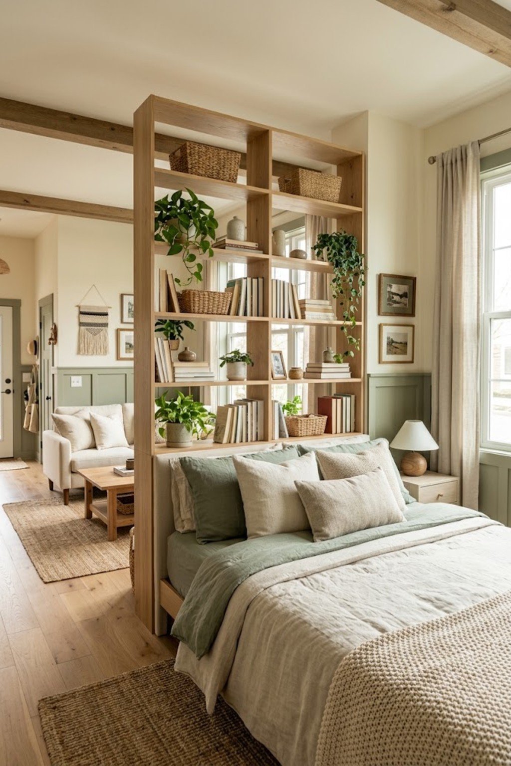 Use a bookcase as a headboard divider in a small studio apartment