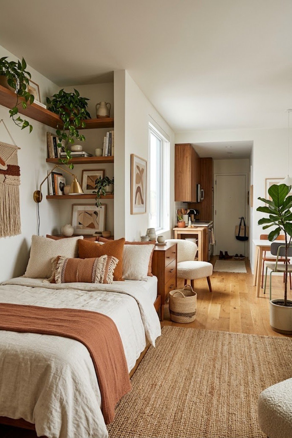 Push the bed into a corner nook in a small studio apartment