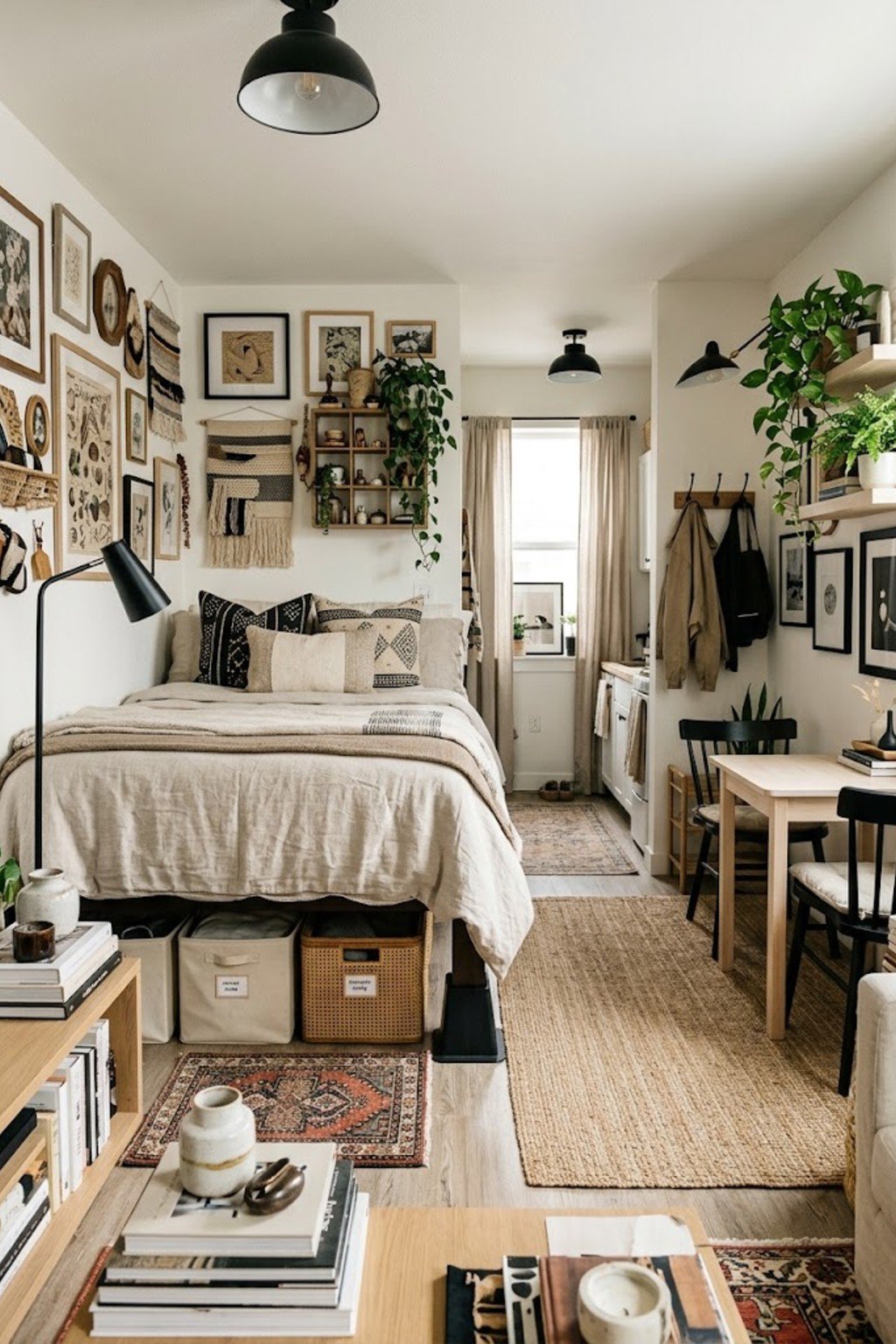 Raise the bed with risers for bin storage in a small studio apartment