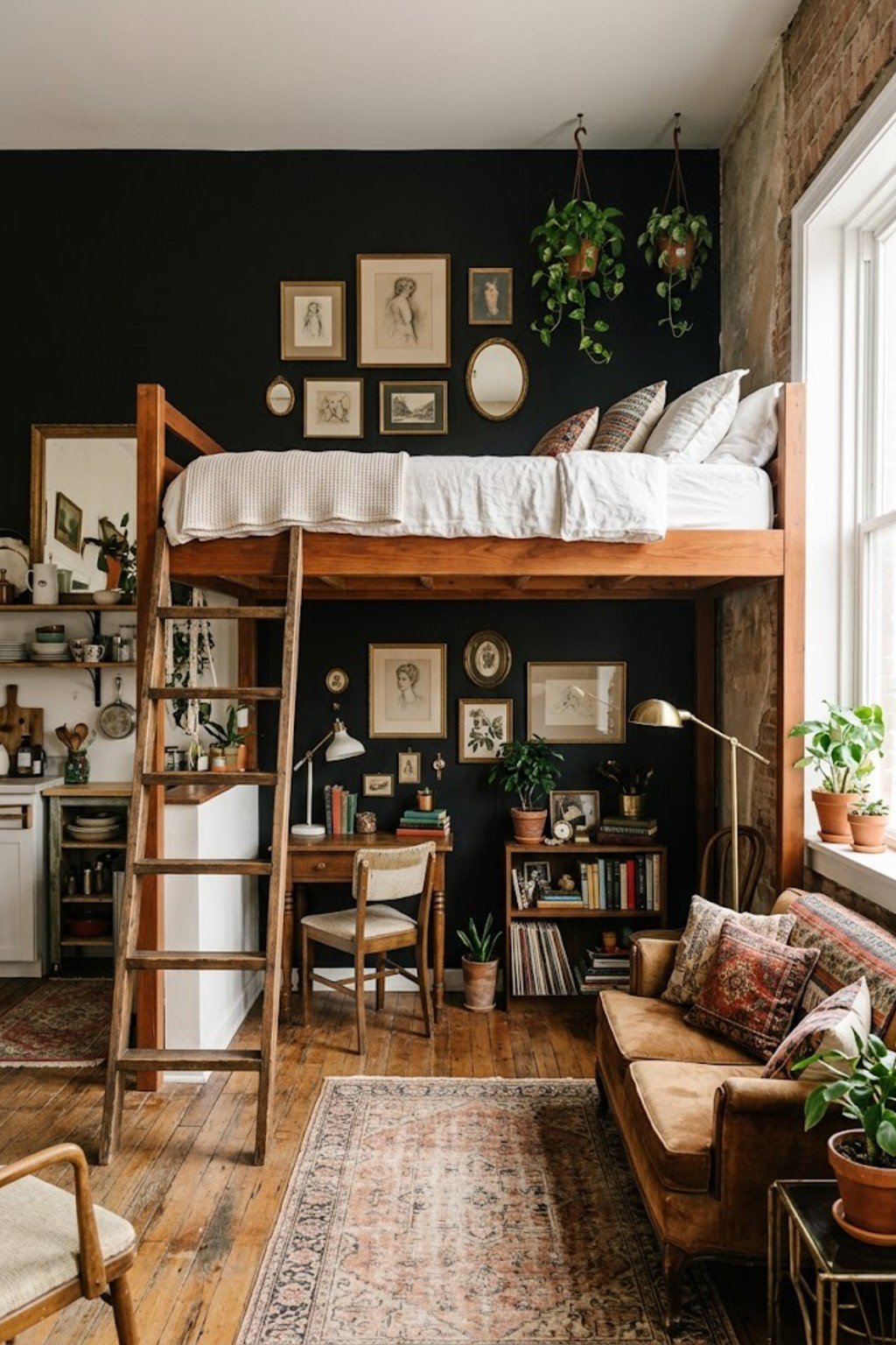 Use a loft bed in a high-ceiling studio in a small studio apartment
