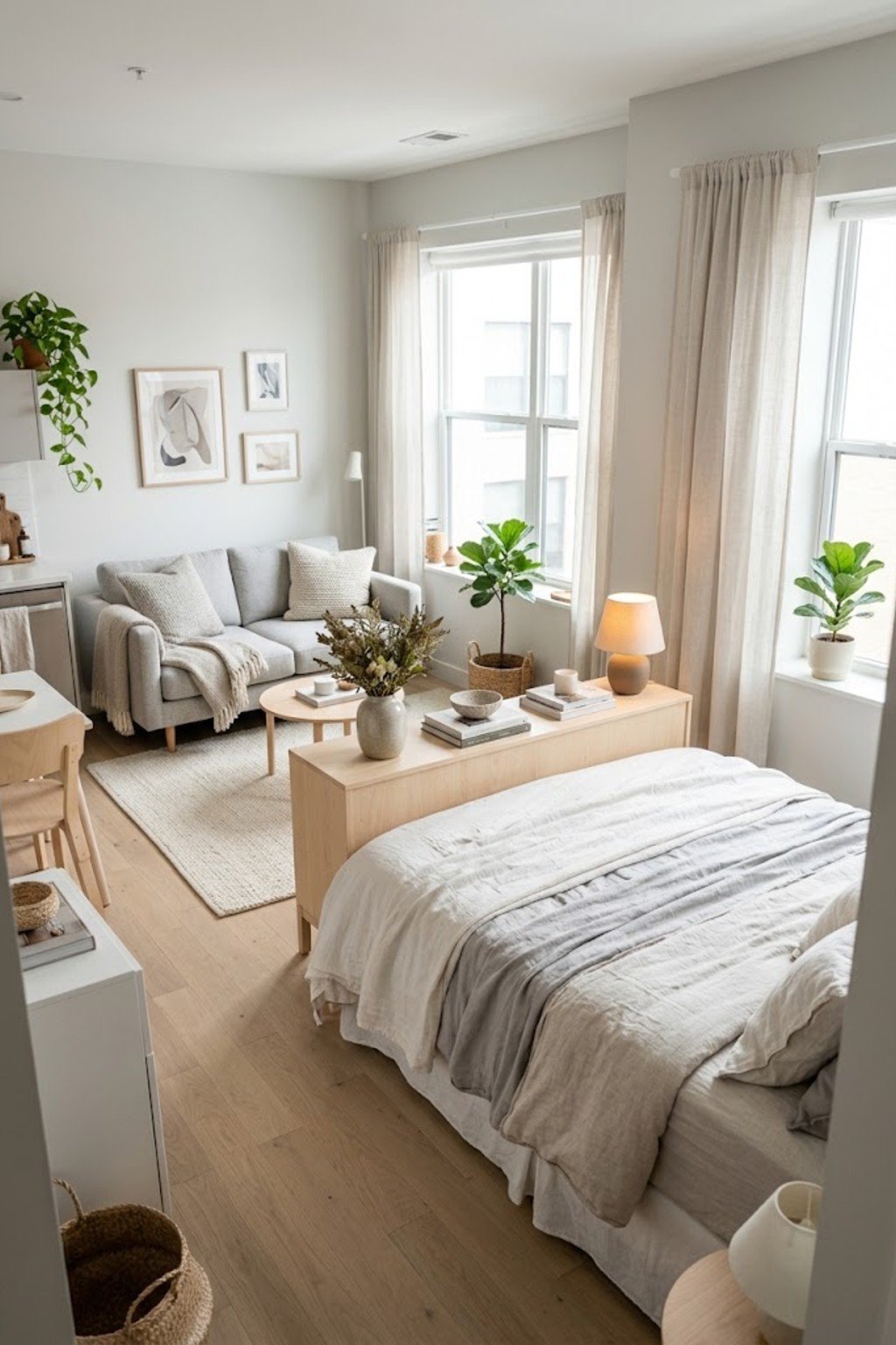 Place a low console behind the bed in a small studio apartment