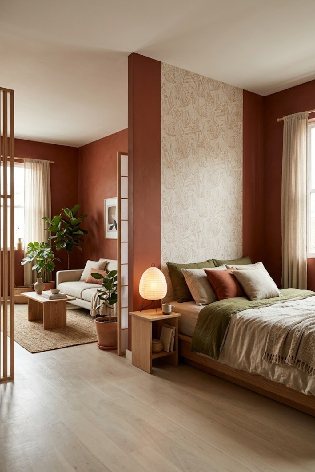 Make a headboard with wallpaper in a small studio apartment