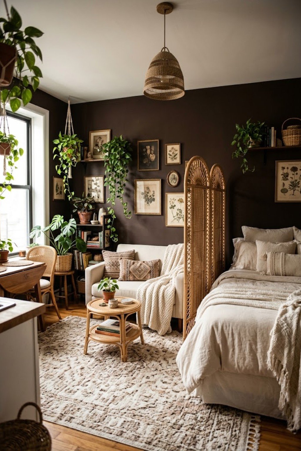 Use a folding screen for privacy in a small studio apartment