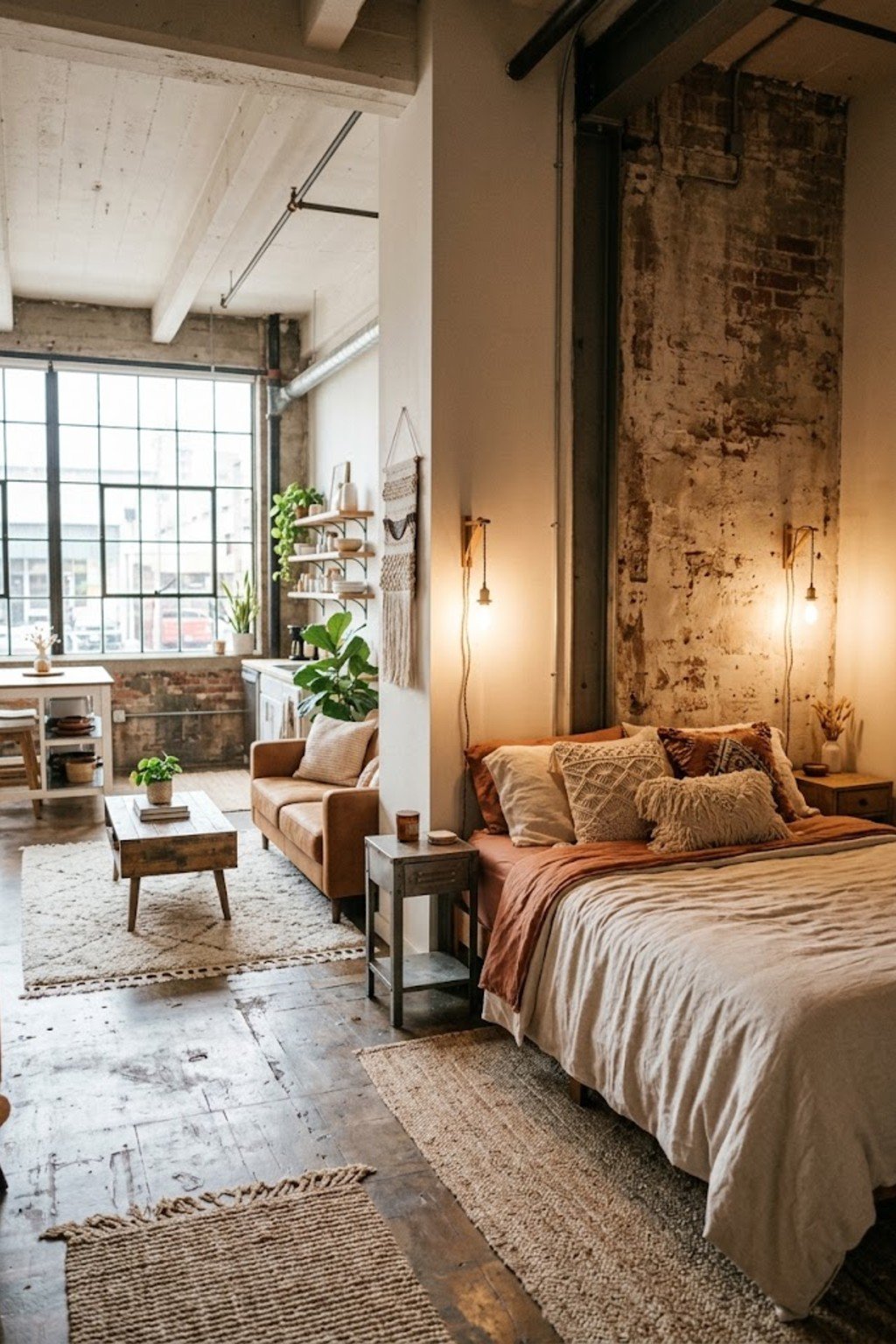 Hang plug-in sconces instead of lamps in a small studio apartment