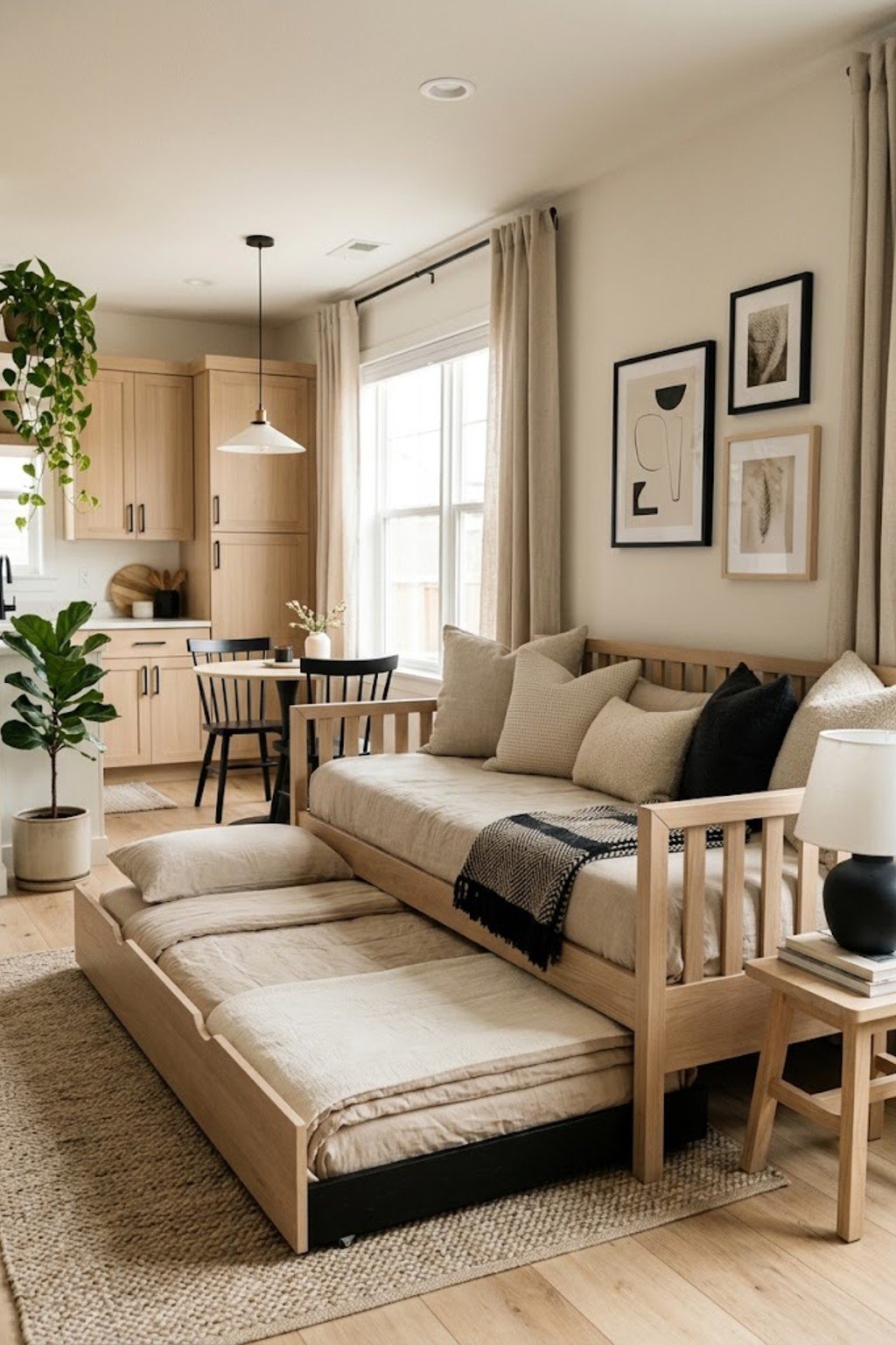 Use a trundle bed for guests in a small studio apartment