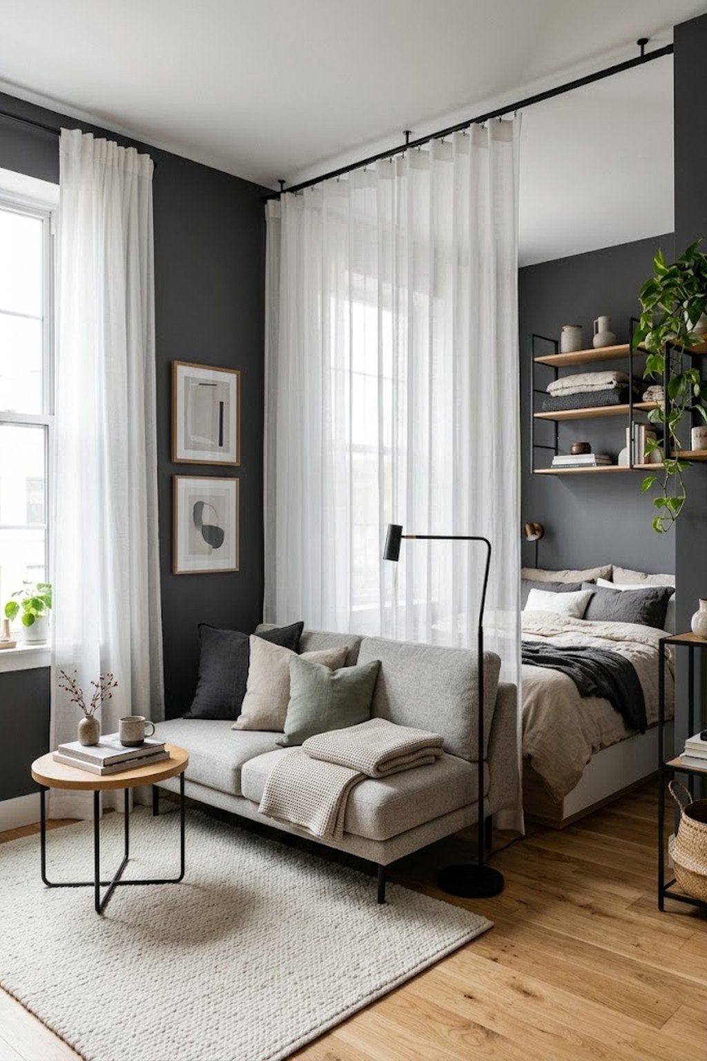 Hang sheer panels for a soft divide in a small studio apartment