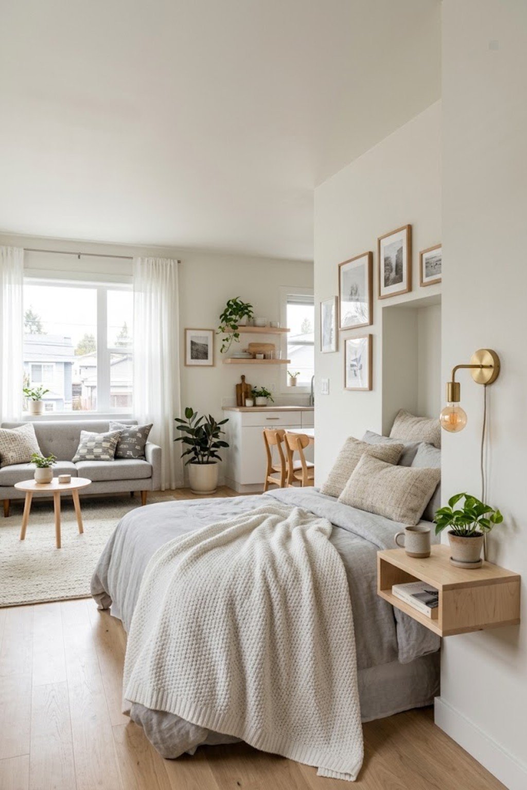 Keep nightstands floating or narrow in a small studio apartment