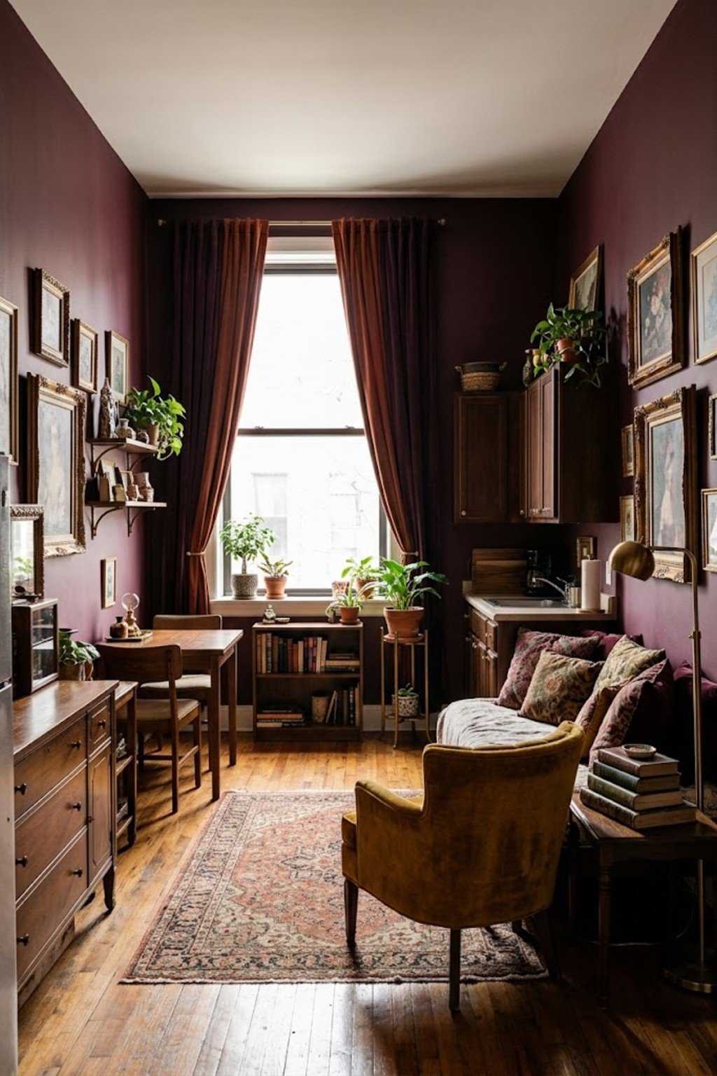 Hang curtains high and wide in a small studio apartment