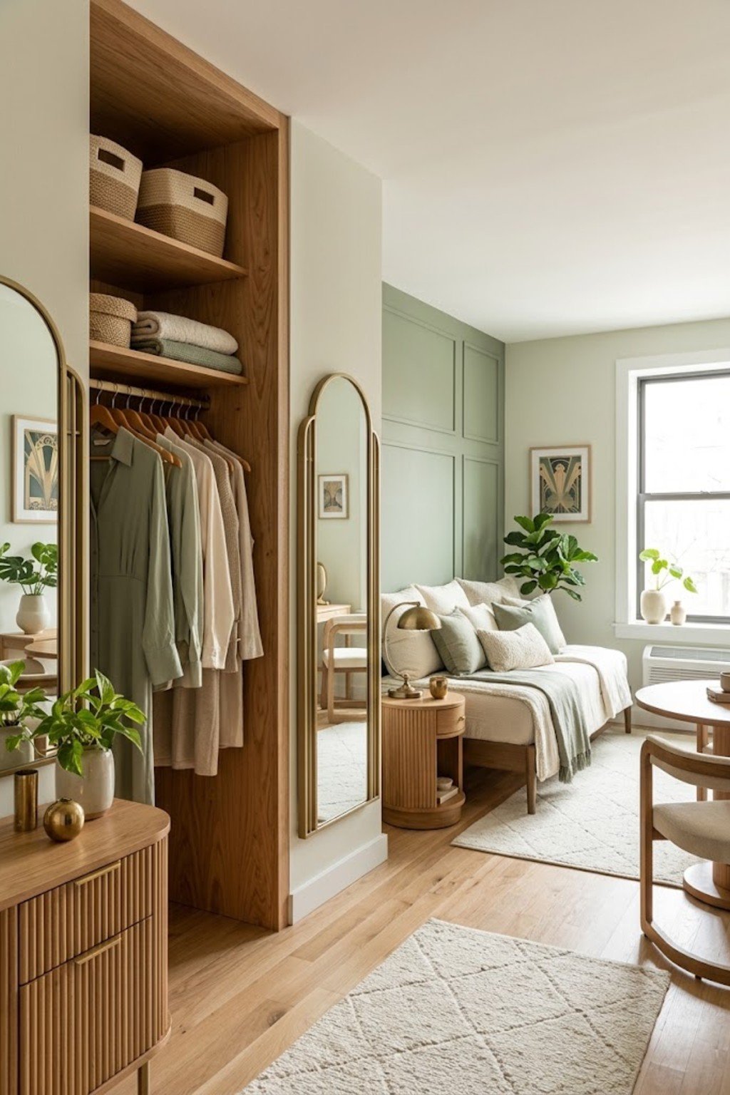 Use matching hangers in an open closet in a small studio apartment