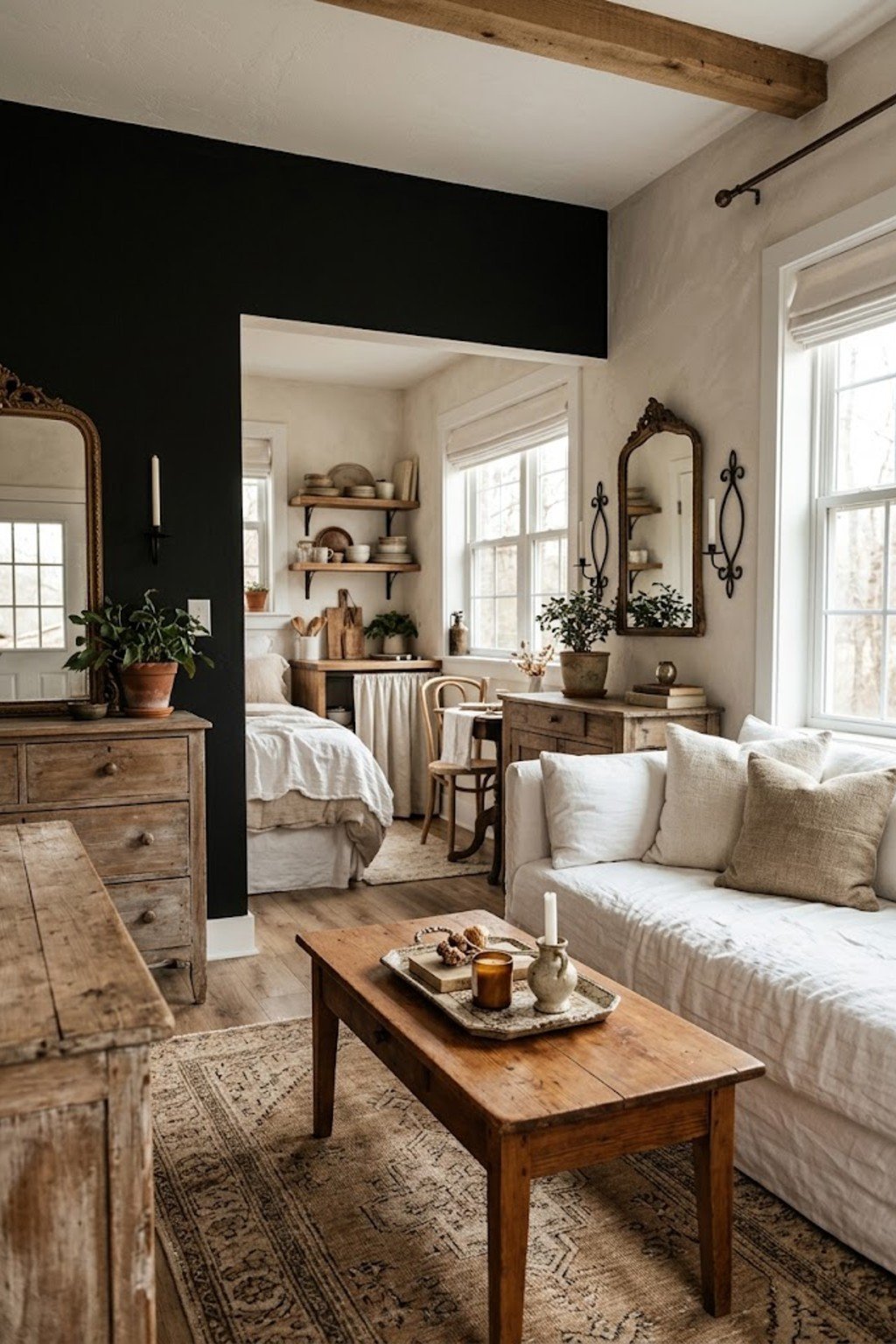 Use a tray to style surfaces in a small studio apartment