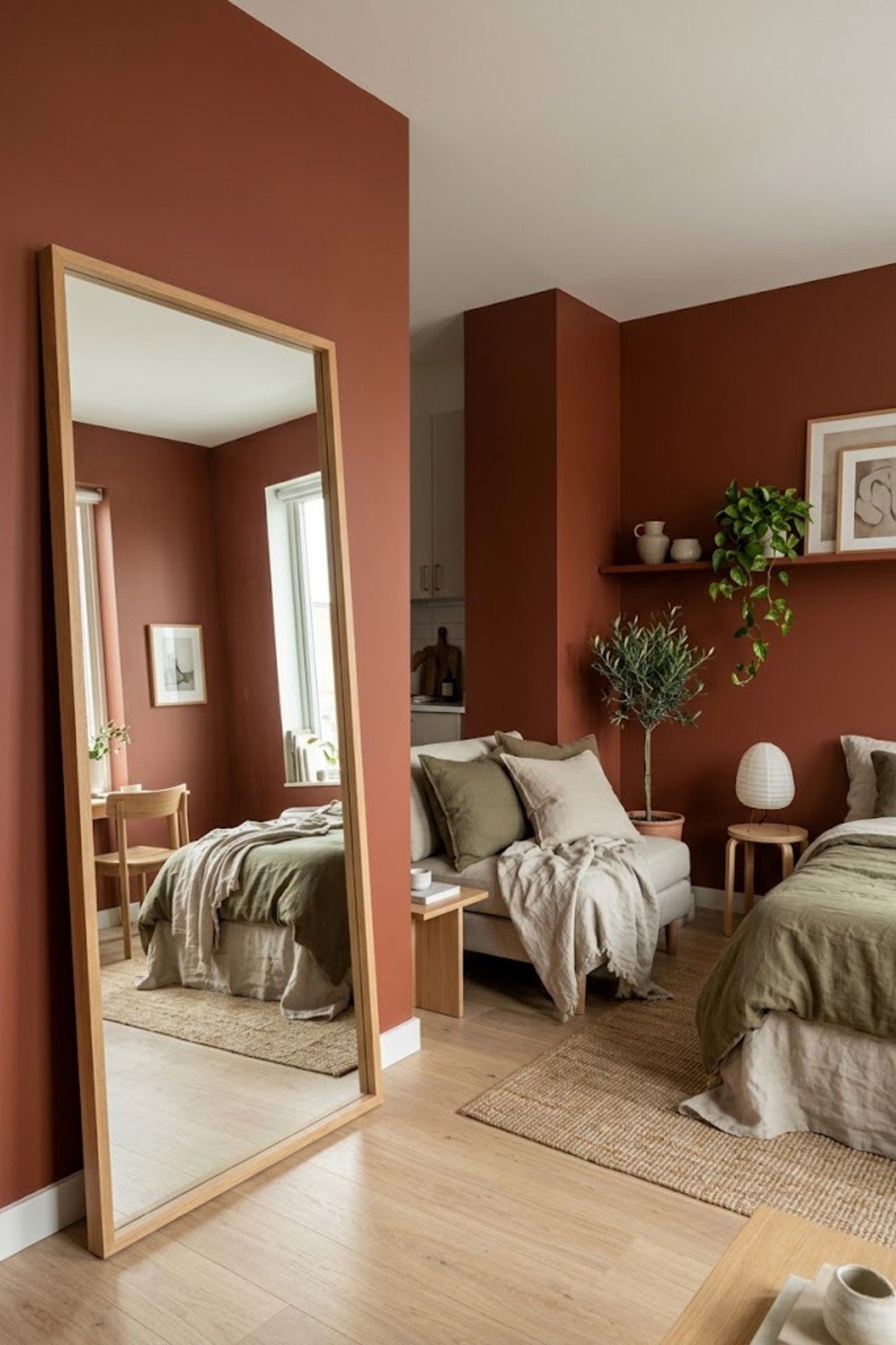 Add a large leaning mirror in a small studio apartment