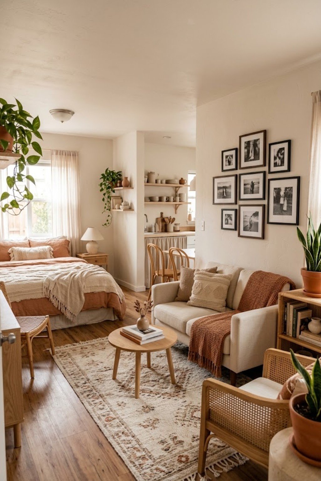 Frame personal photos in matching frames in a small studio apartment