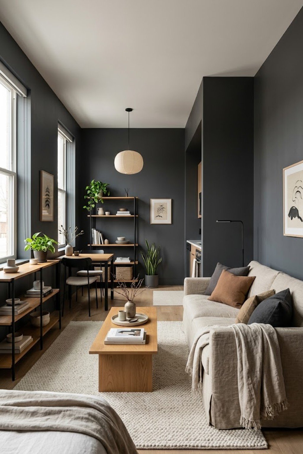 Use a slipcover on an old sofa in a small studio apartment