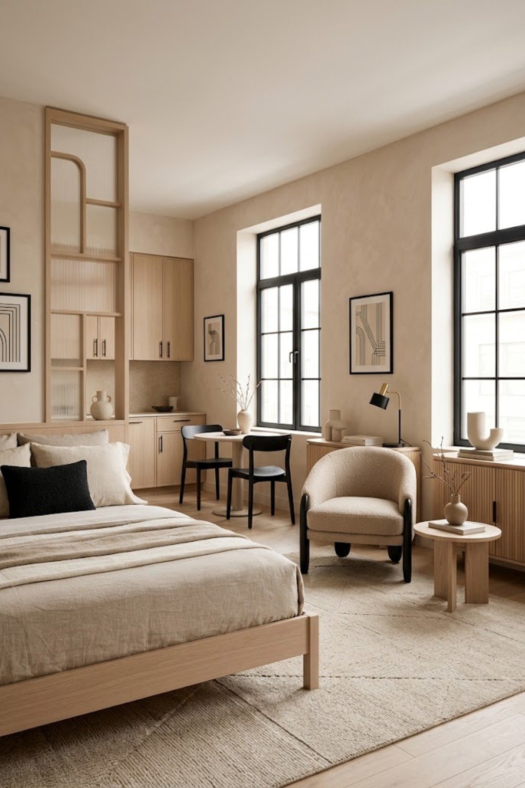 Keep surfaces mostly clear in a small studio apartment