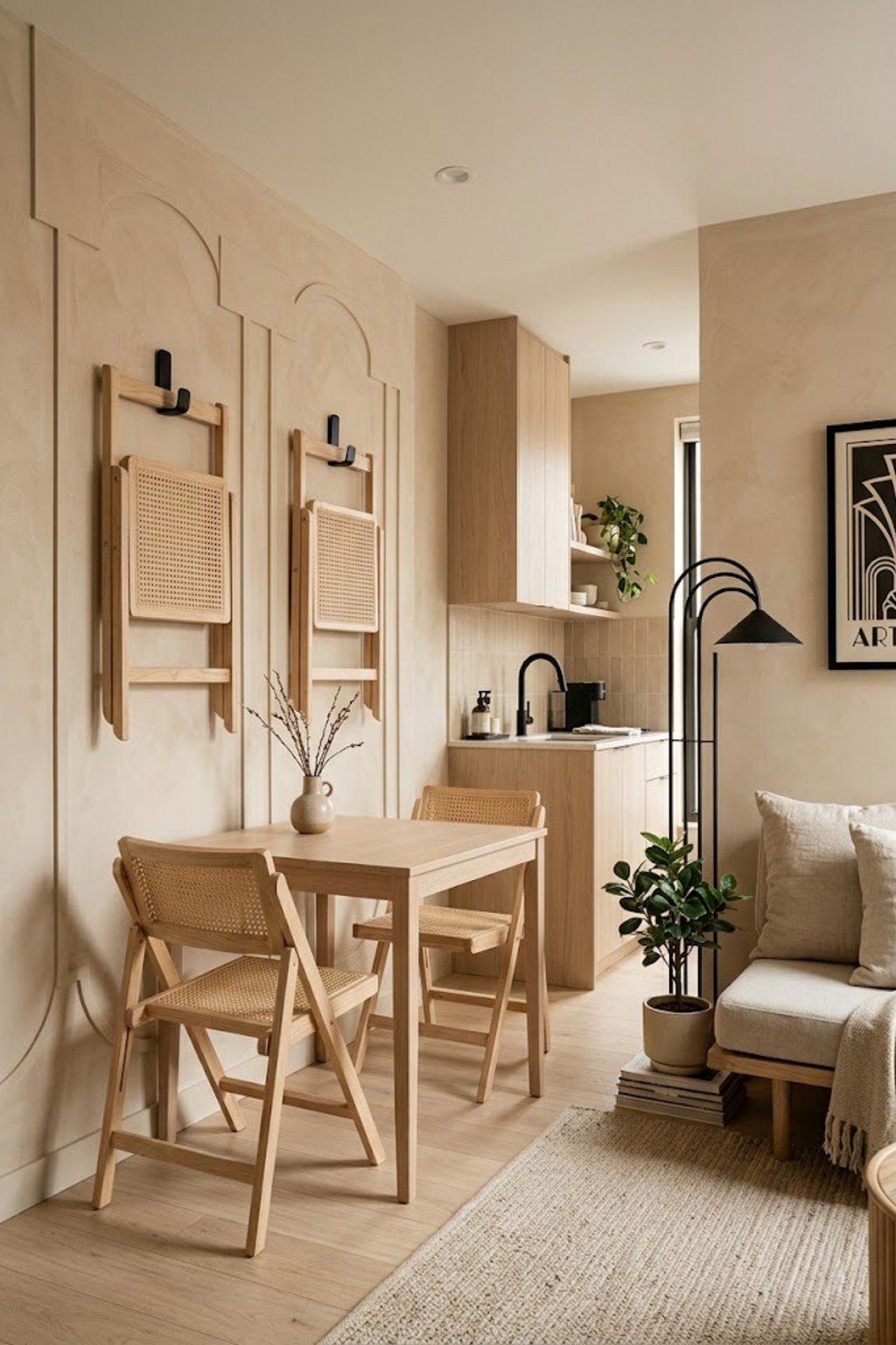 Use folding chairs you can hang in a small studio apartment