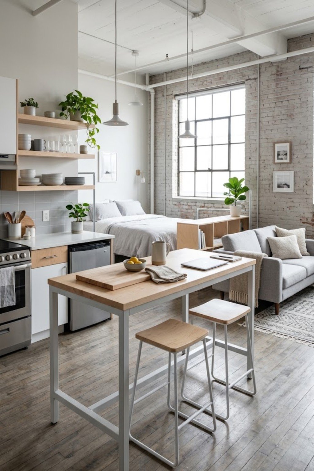 Use a counter-height table as a prep space in a small studio apartment