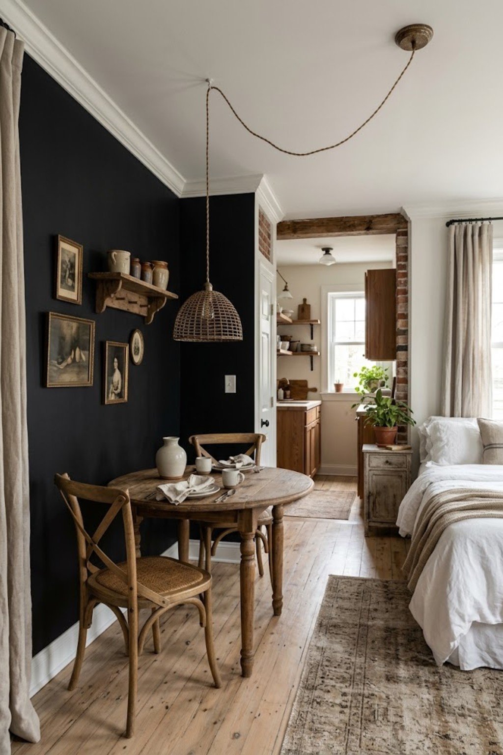 Hang a pendant to define the dining spot in a small studio apartment