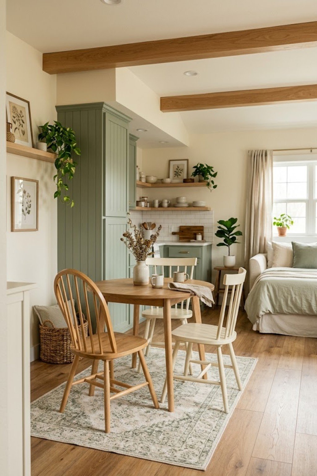 Put a small rug under the table in a small studio apartment