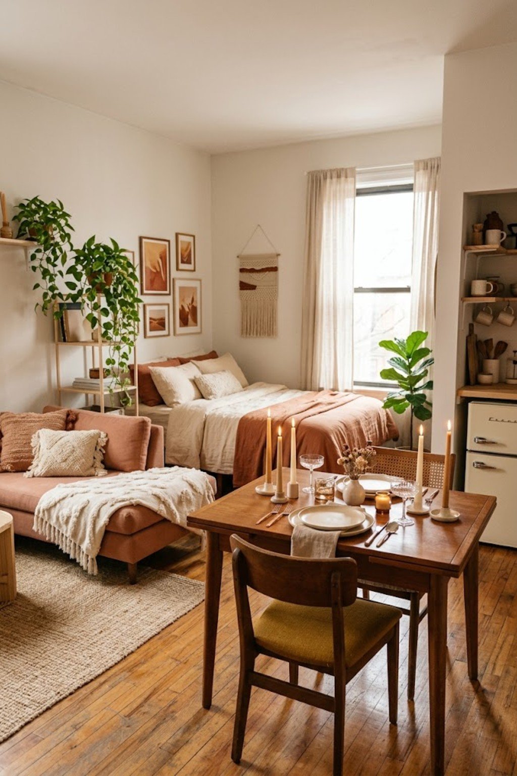 Make the desk your dining table in a small studio apartment