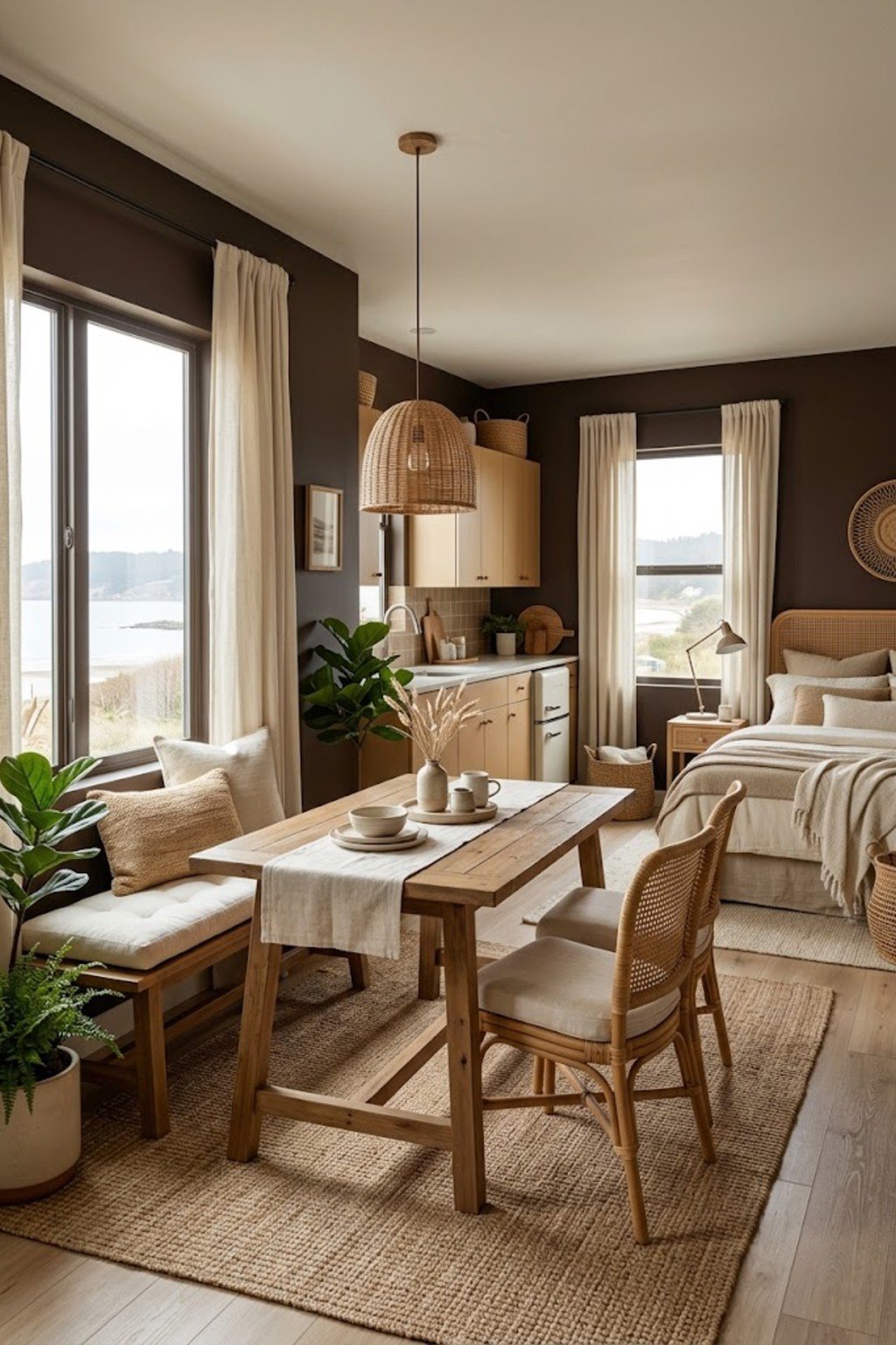 Use a bench on one side in a small studio apartment