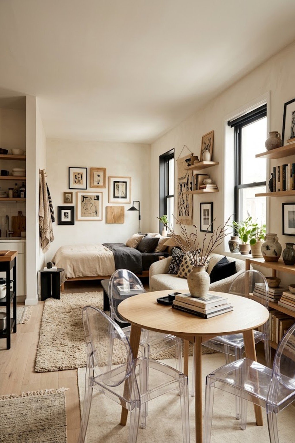 Pick clear acrylic chairs in a small studio apartment