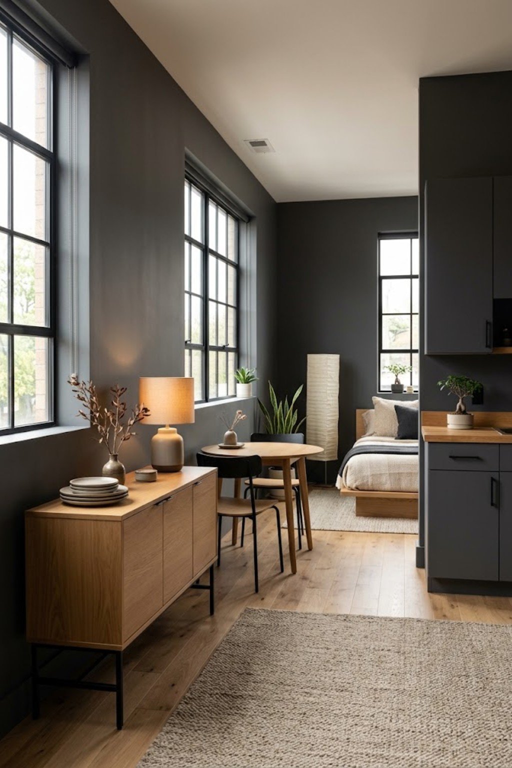 Add a sideboard for dining storage in a small studio apartment