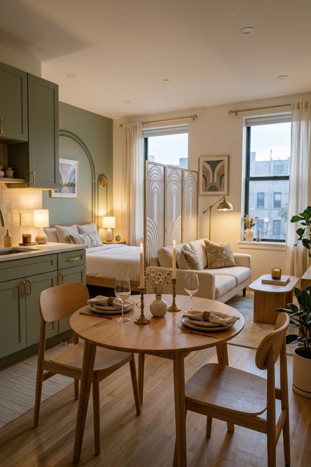 Set the table for a cozy dinner in a small studio apartment