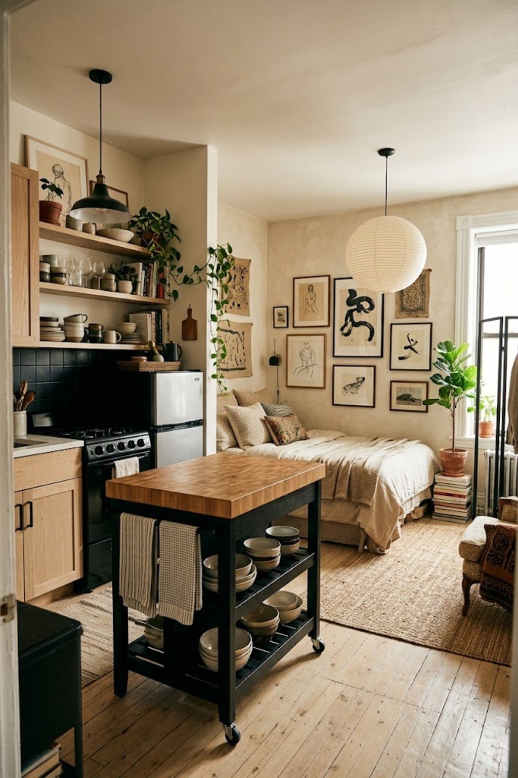Add a rolling island cart in a small studio apartment