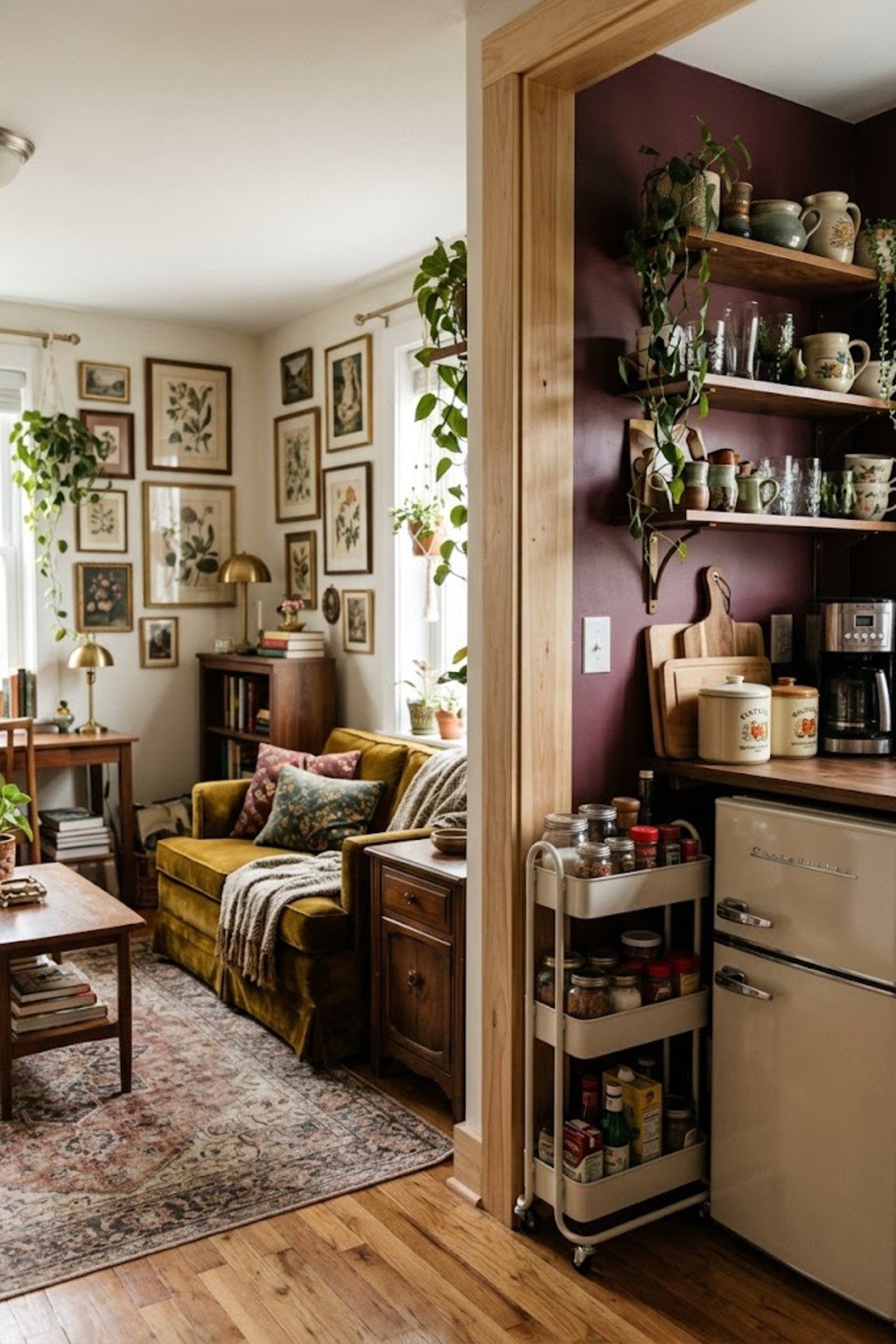 Use a slim cart beside the fridge in a small studio apartment